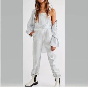 Rollas Striped Overalls in Gray and White